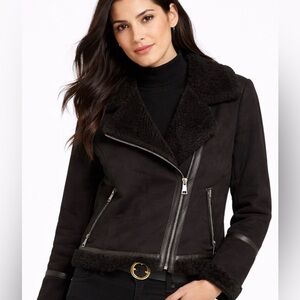 NWOT Calvin Klein Black Faux-Shearling Moto Jacket